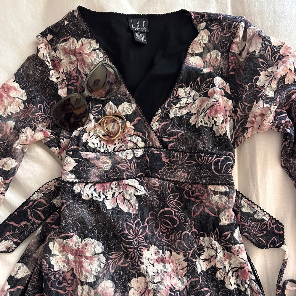 Ribbon Tie-Up Blouse with Pink and Black Floral